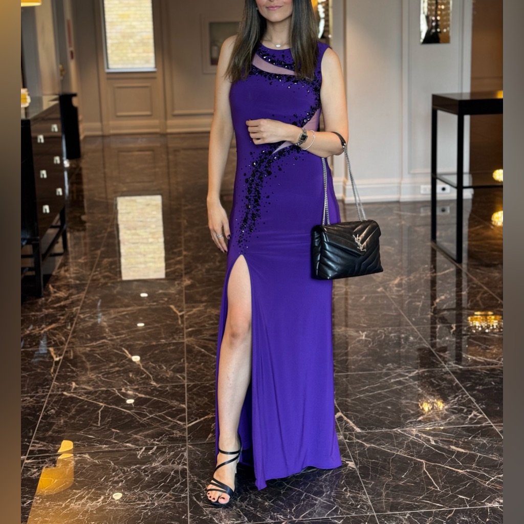 Madison James Purple Mesh Black Jewelled Slit Glam Formal Dress Gown Size Small